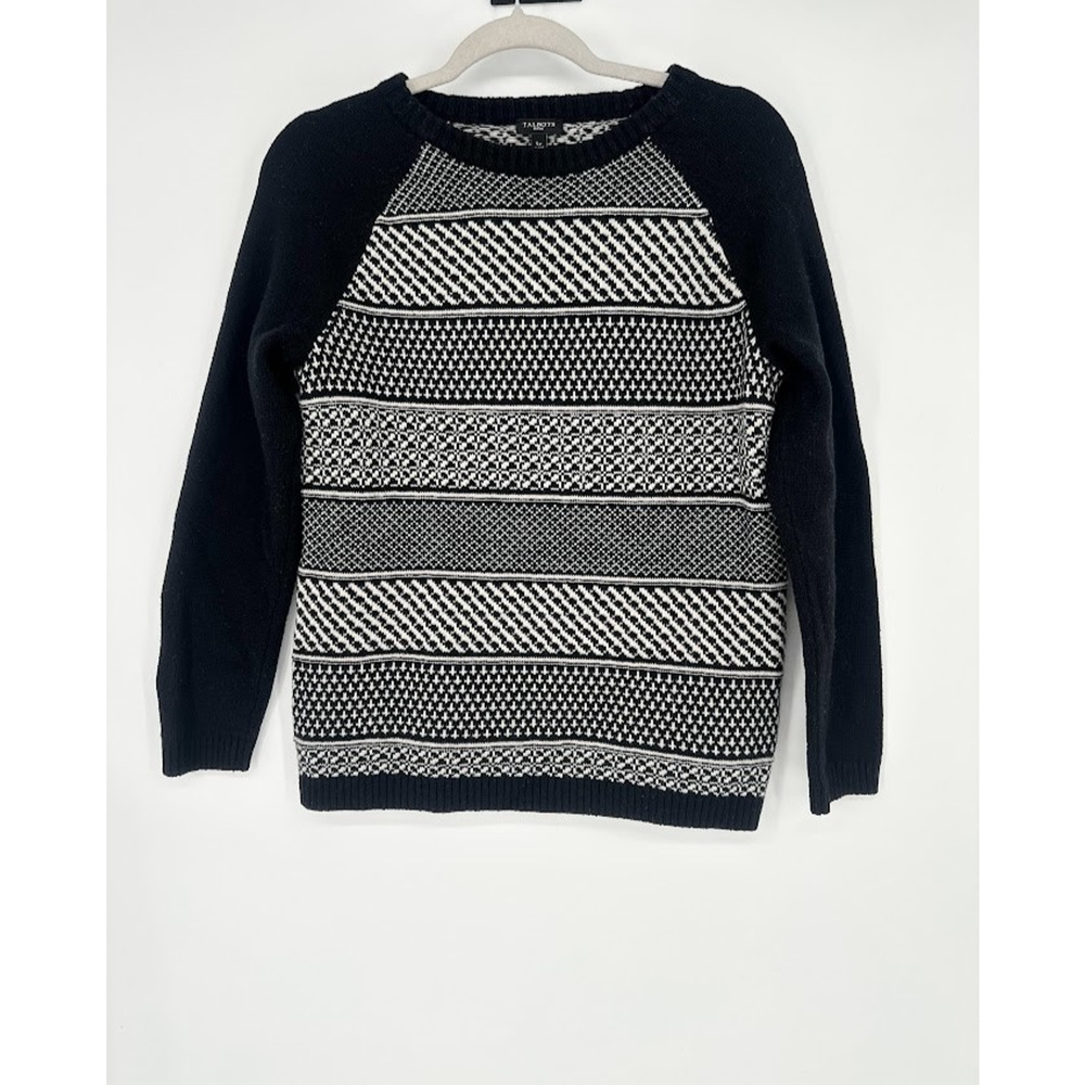 Talbots Petite Large PL Black‎ White Fair Isle Sweater Lambswool Blend Nordic